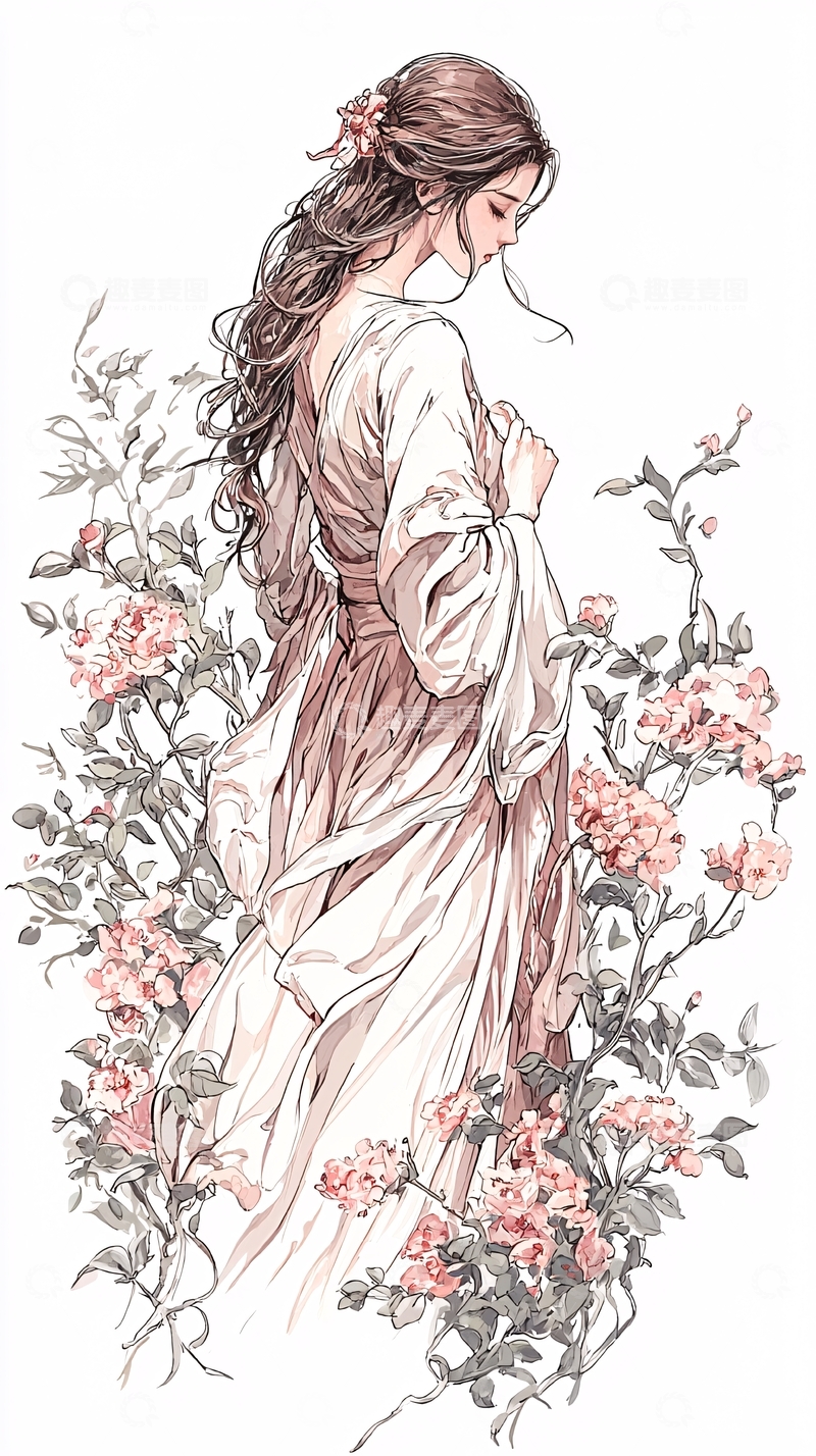 古典女子与花丛中的优雅瞬间