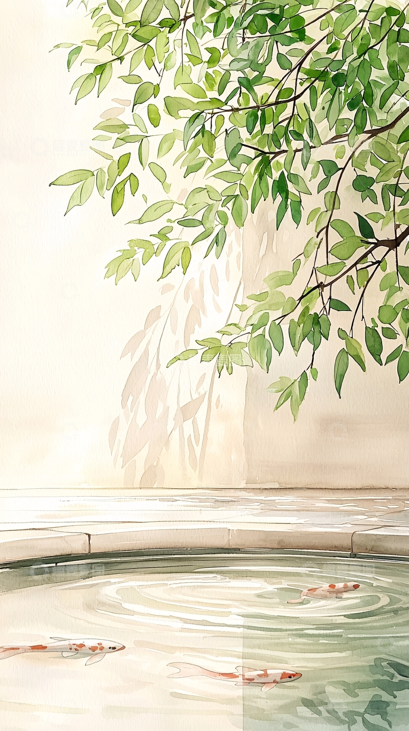 高清大图下载【趣麦麦图】树荫下的池塘与锦鲤