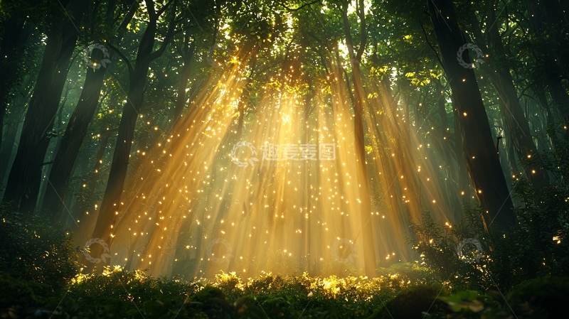 高清大图下载【趣麦麦图】森林中的阳光穿透树叶