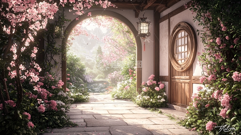 高清大图下载【趣麦麦图】粉花拱门庭院风景