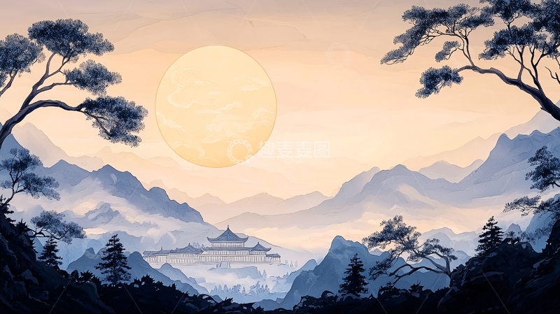 高清大图下载【趣麦麦图】夕阳下的古建筑群