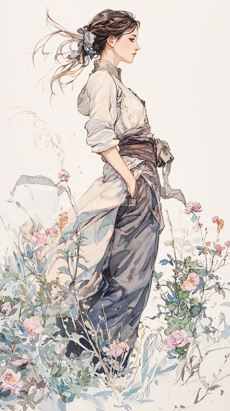 高清大图下载【趣麦麦图】风中漫步的女子与花海