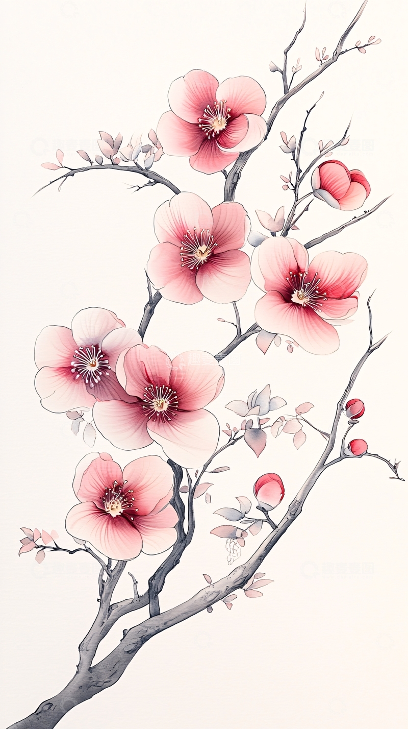 高清大图下载【趣麦麦图】桃花盛开树枝插画素材