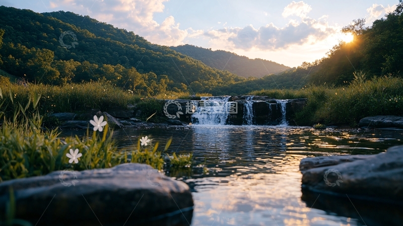 高清大图下载【趣麦麦图】山间小溪瀑布夕阳美景