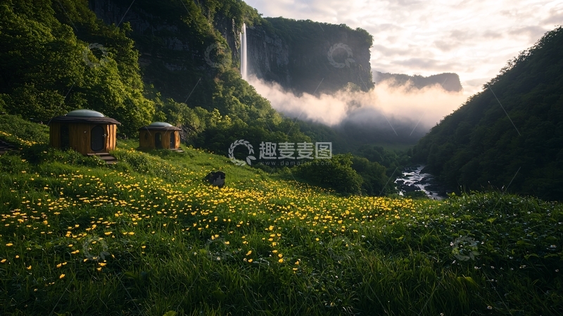 高清大图下载【趣麦麦图】山谷中的小屋与瀑布