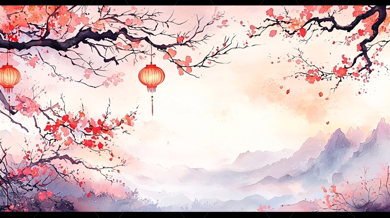 高清大图下载【趣麦麦图】樱花树下的灯笼与远山