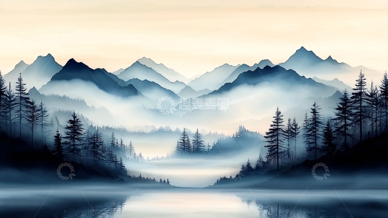 高清大图下载【趣麦麦图】晨雾中的山湖风景