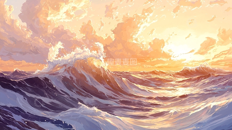 高清大图下载【趣麦麦图】日落海浪动态场景