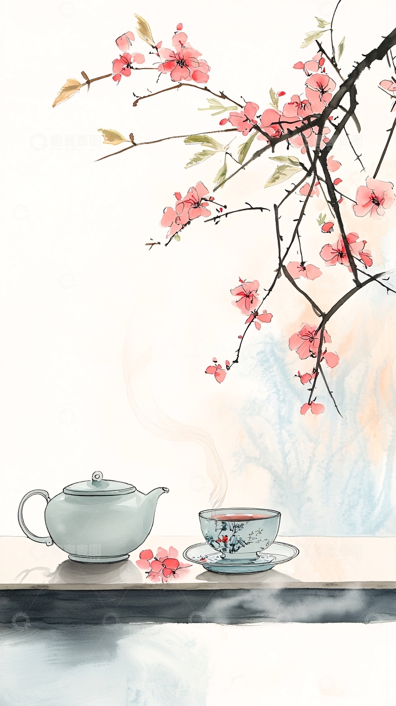 高清大图下载【趣麦麦图】茶香花影静谧时光