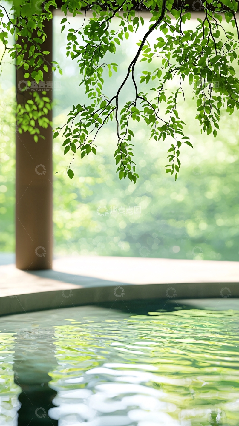 高清大图下载【趣麦麦图】绿树环绕的温泉池