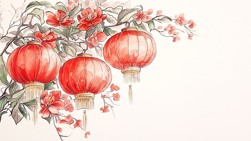 高清大图下载【趣麦麦图】红灯笼与樱花手绘插画