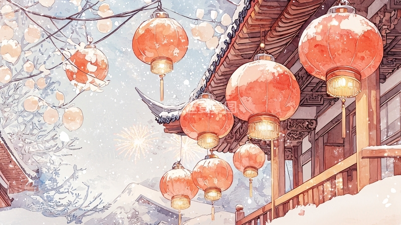 高清大图下载【趣麦麦图】冬日灯笼古建筑