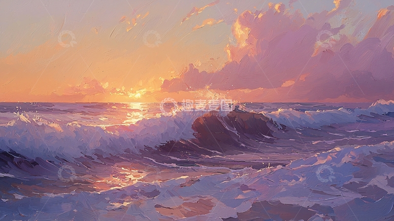 高清大图下载【趣麦麦图】日落海浪油画风格