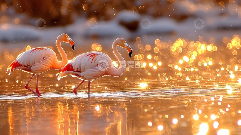 高清大图下载【趣麦麦图】夕阳下的粉红火烈鸟