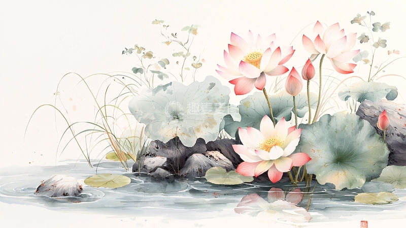 高清大图下载【趣麦麦图】荷花池塘水彩画