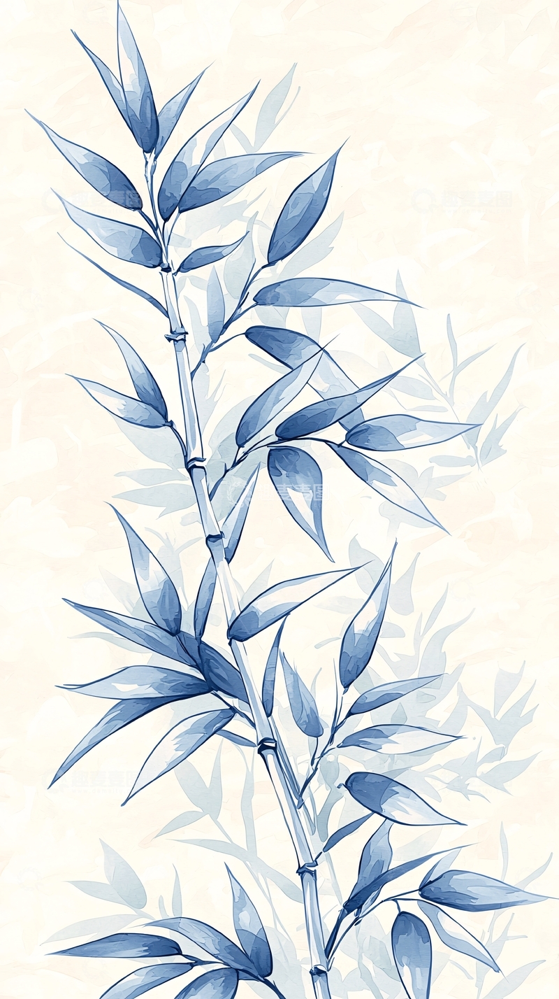 高清大图下载【趣麦麦图】青花瓷风格竹子插画背景