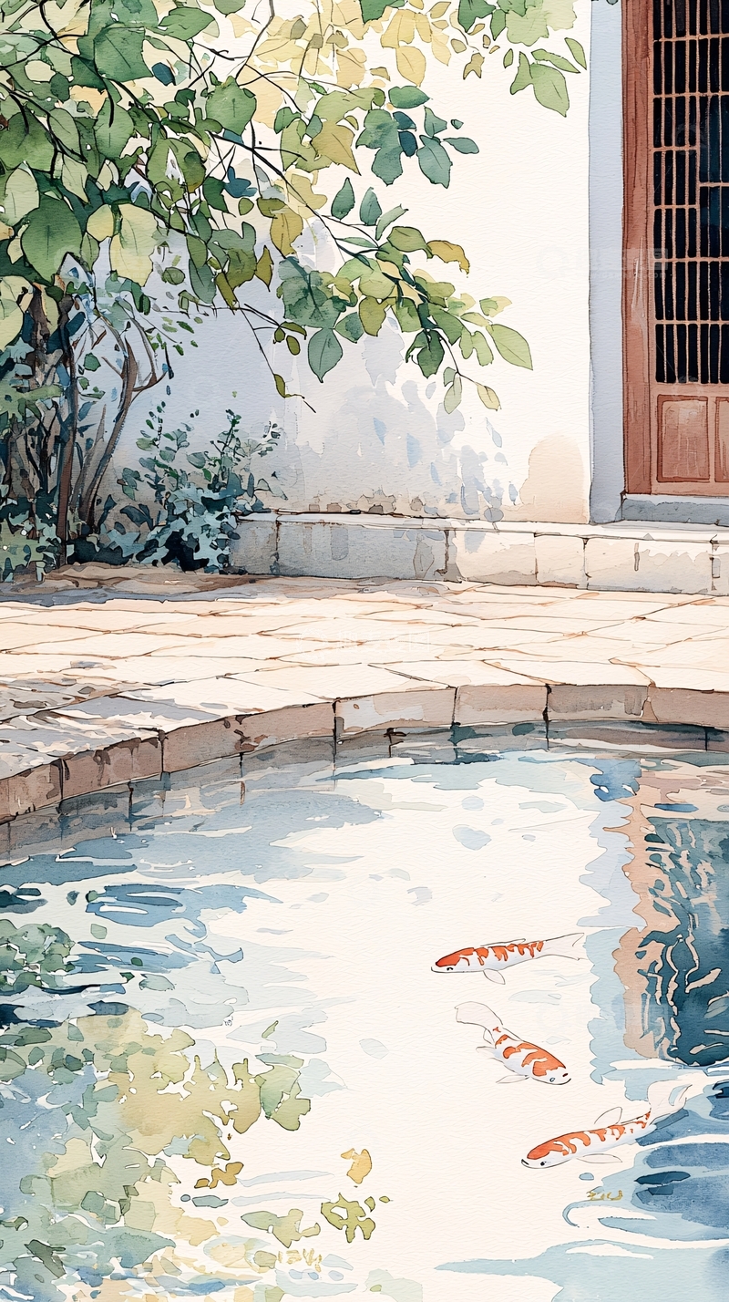 高清大图下载【趣麦麦图】庭院池塘金鱼图