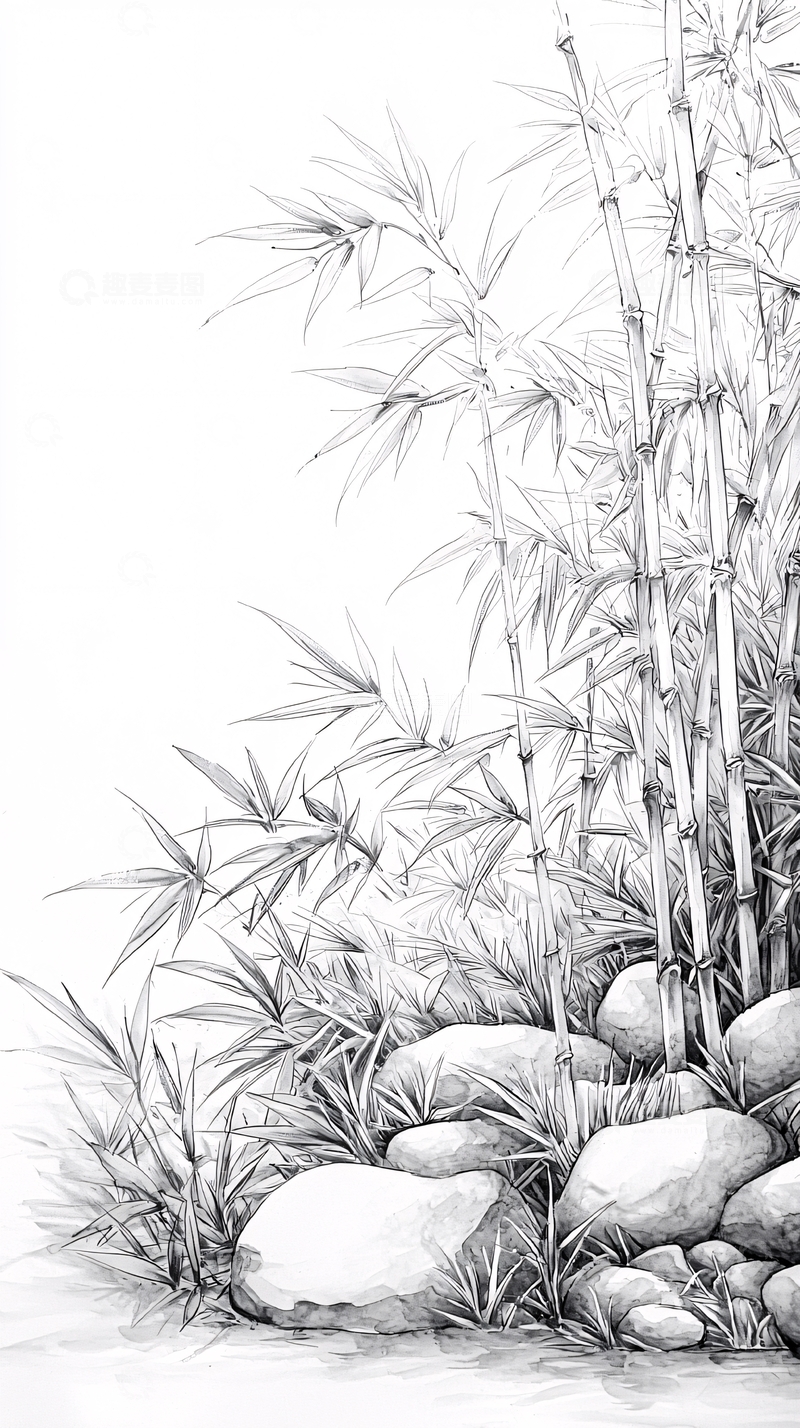 高清大图下载【趣麦麦图】竹林石景手绘线稿