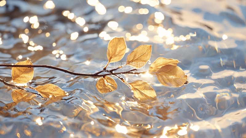 高清大图下载【趣麦麦图】金色树叶与水波光影