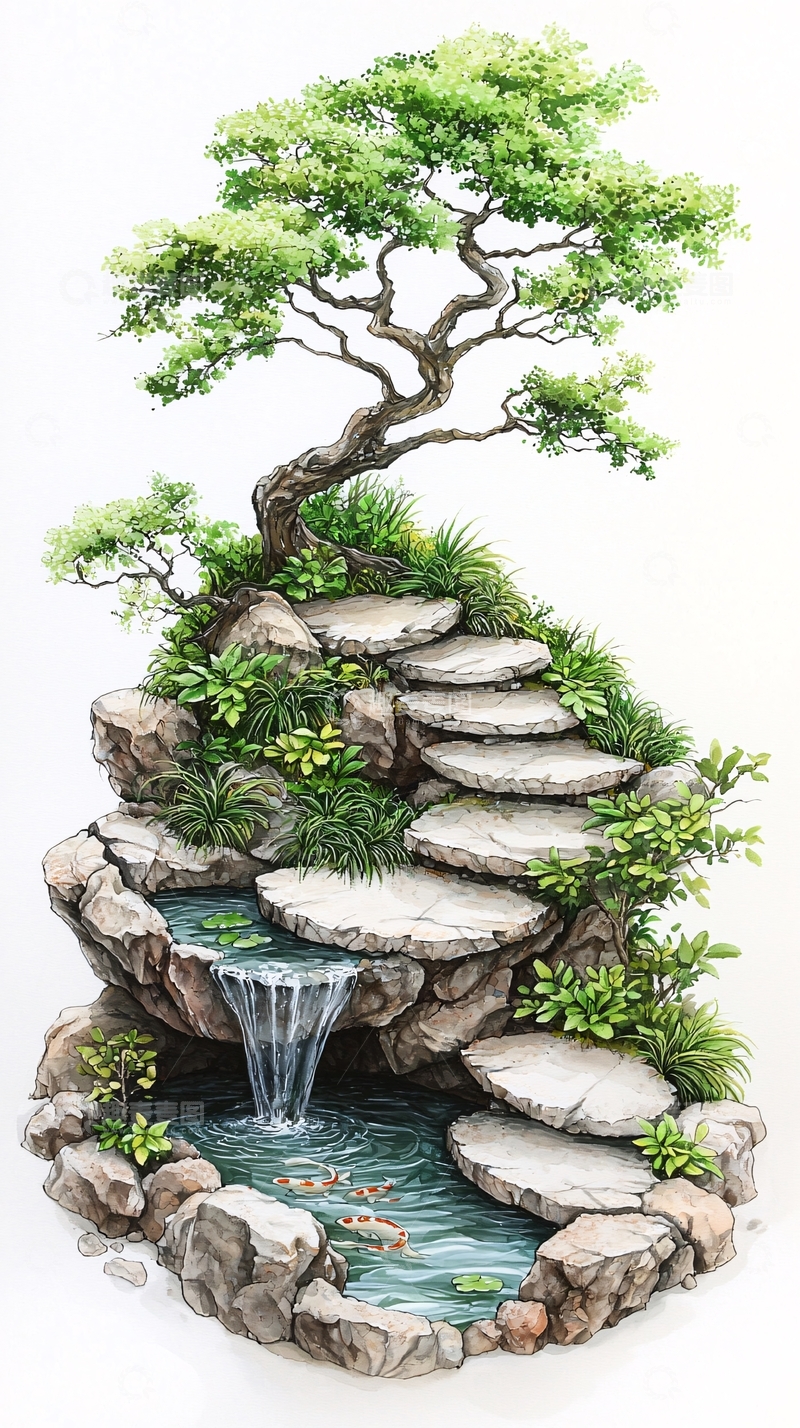 高清大图下载【趣麦麦图】小型瀑布景观盆栽植物