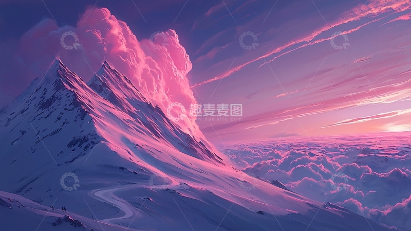 高清大图下载【趣麦麦图】粉红天空下的雪山风景