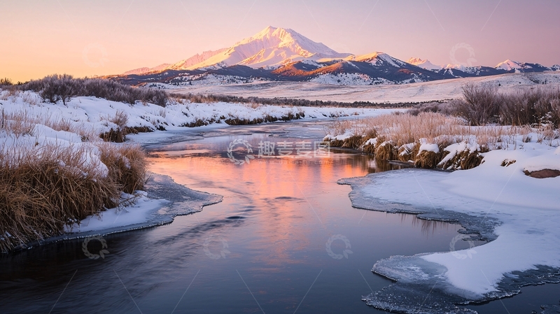 高清大图下载【趣麦麦图】雪山下的河流冬季风景
