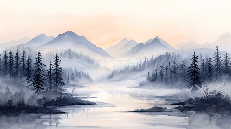 高清大图下载【趣麦麦图】晨雾中的山林湖泊