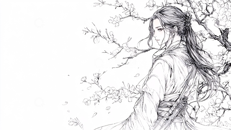 高清大图下载【趣麦麦图】古风人物与花枝线稿