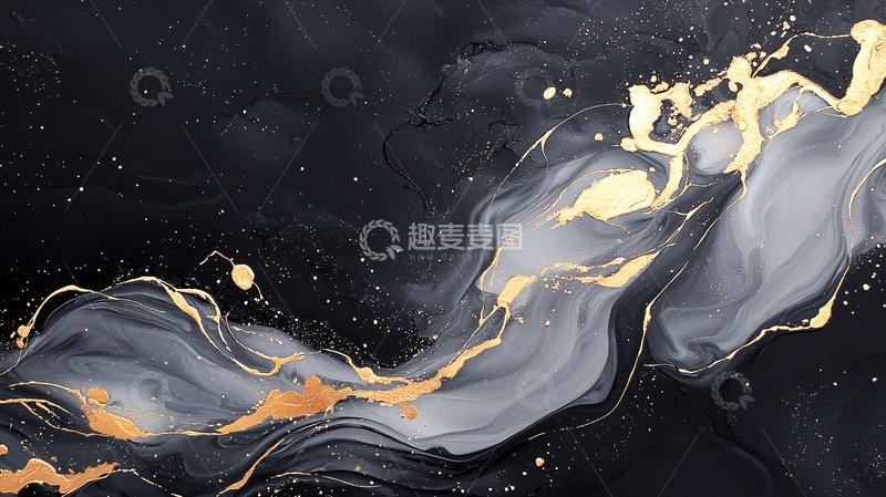 高清大图下载【趣麦麦图】黑色背景金色液体流动抽象艺术