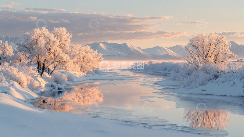 高清大图下载【趣麦麦图】冬日雪景河流山峦