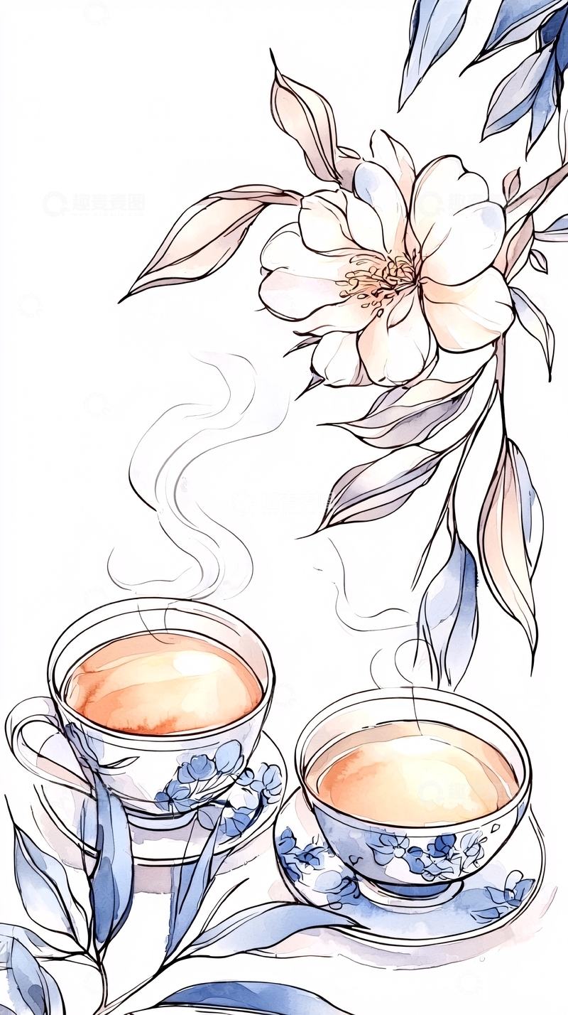 高清大图下载【趣麦麦图】茶香花影手绘插画