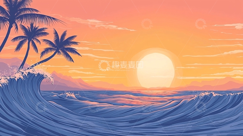 高清大图下载【趣麦麦图】日落海滩椰树海浪