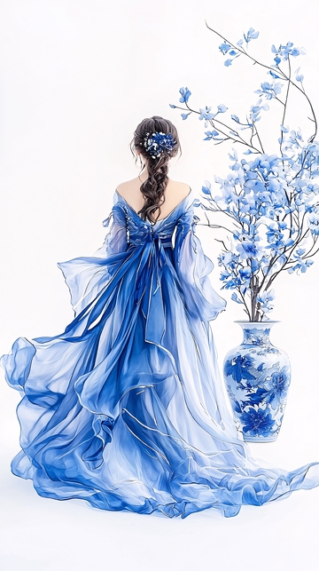 蓝色梦幻礼服与花瓶插花