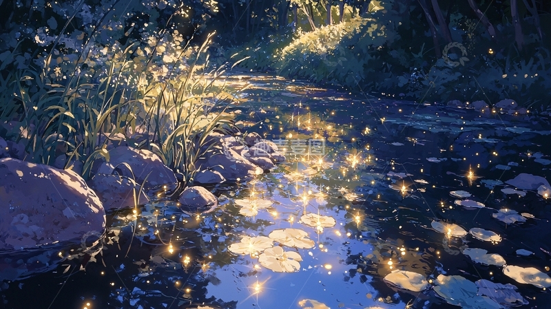 高清大图下载【趣麦麦图】月光下的小溪与荷叶
