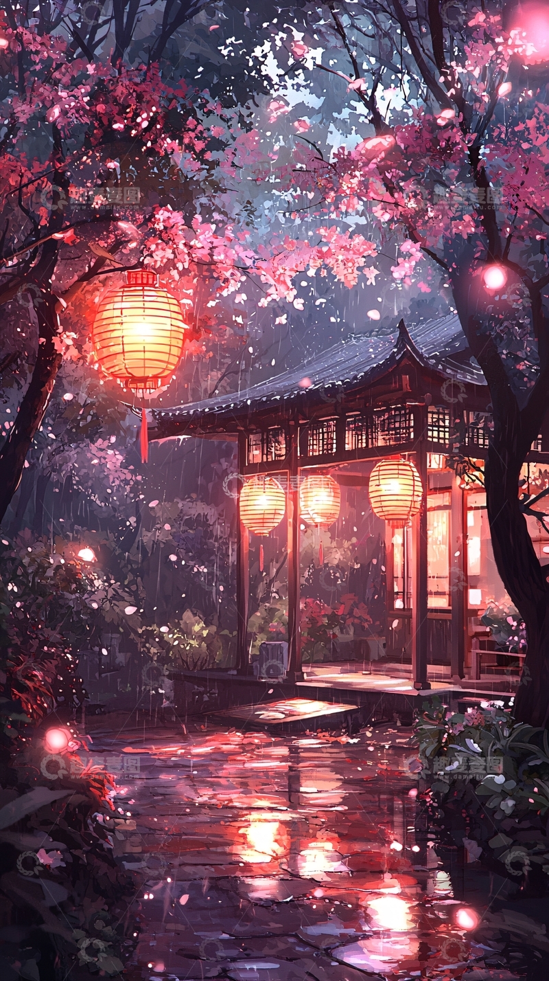 高清大图下载【趣麦麦图】雨夜古亭樱花灯笼