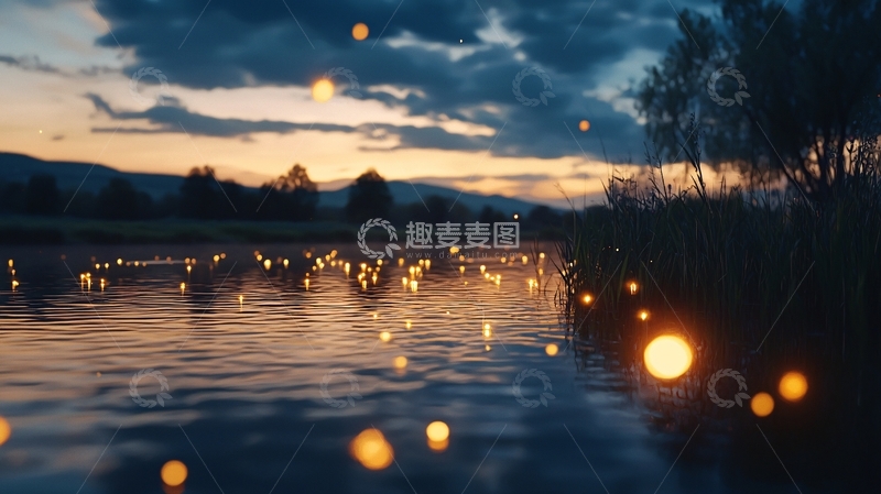 高清大图下载【趣麦麦图】湖畔萤火虫夜景