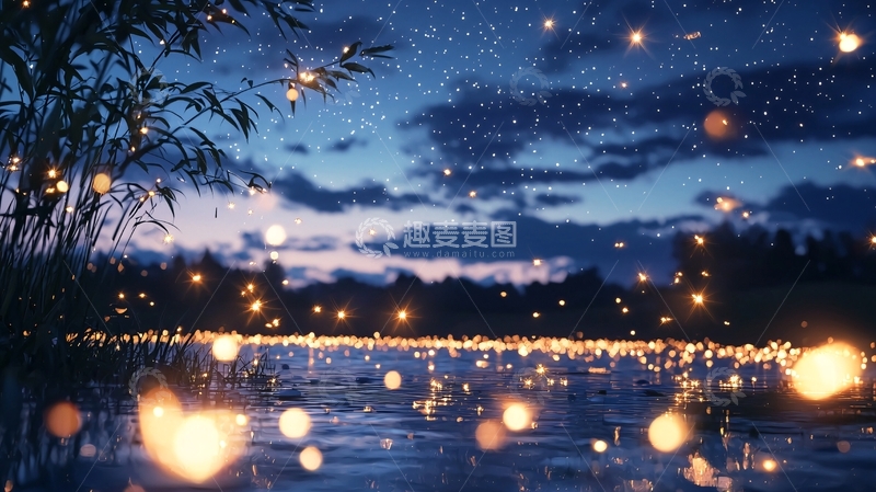高清大图下载【趣麦麦图】夜景湖边萤火虫飞舞