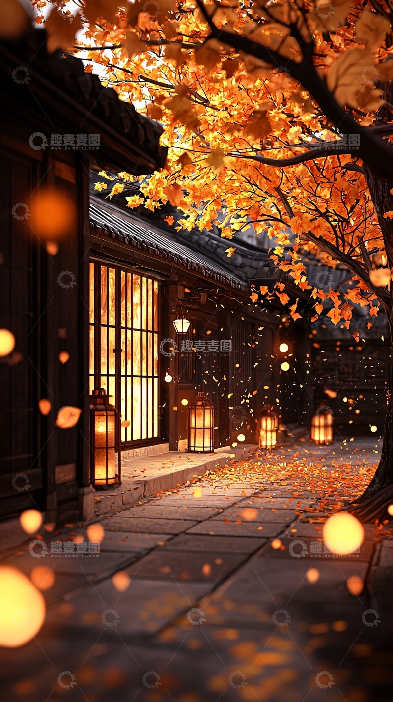 高清大图下载【趣麦麦图】秋日古巷灯笼落叶