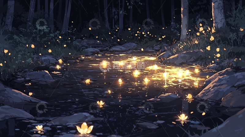 高清大图下载【趣麦麦图】夜晚森林中的萤火虫与水花