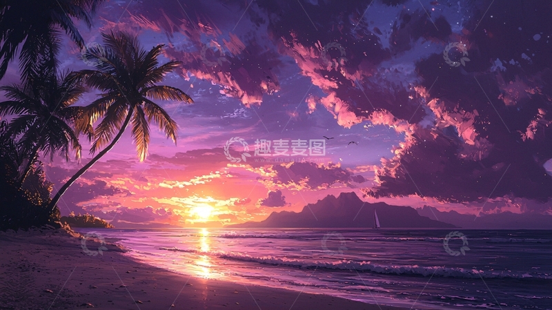 高清大图下载【趣麦麦图】梦幻海滩日落风景