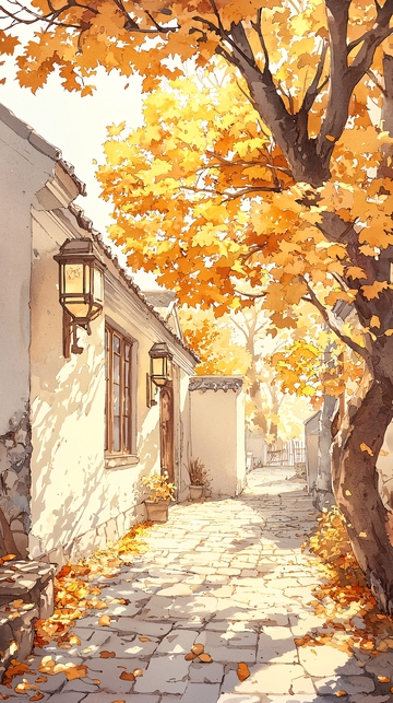 秋日小巷落叶光影