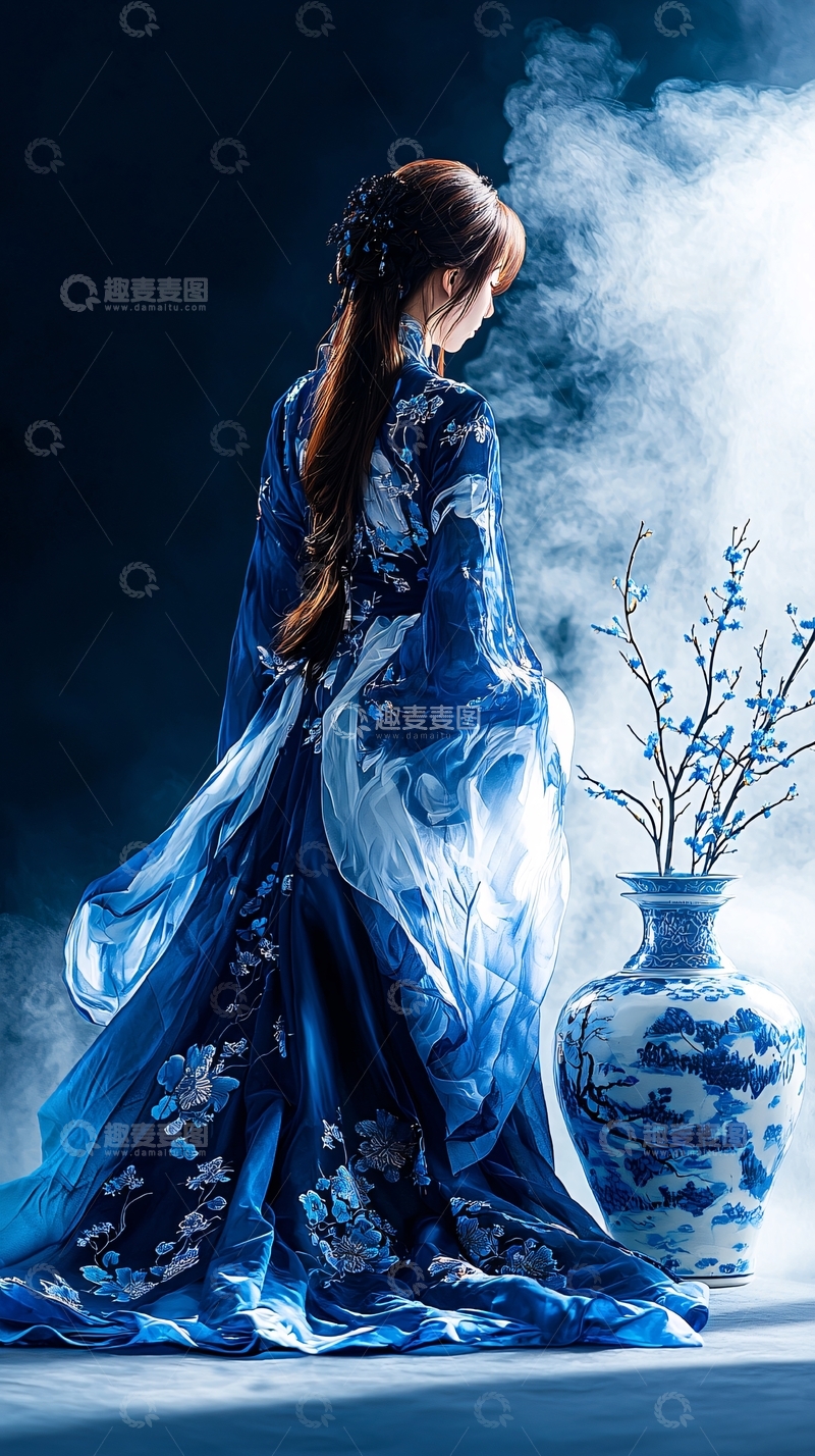 高清大图下载【趣麦麦图】青花瓷与古典美人