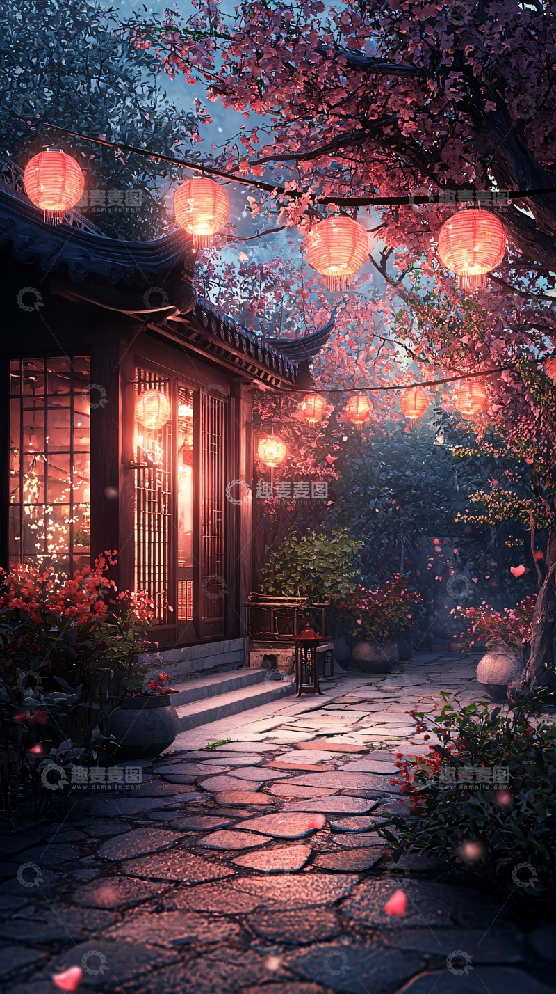 高清大图下载【趣麦麦图】古风庭院樱花灯笼夜景