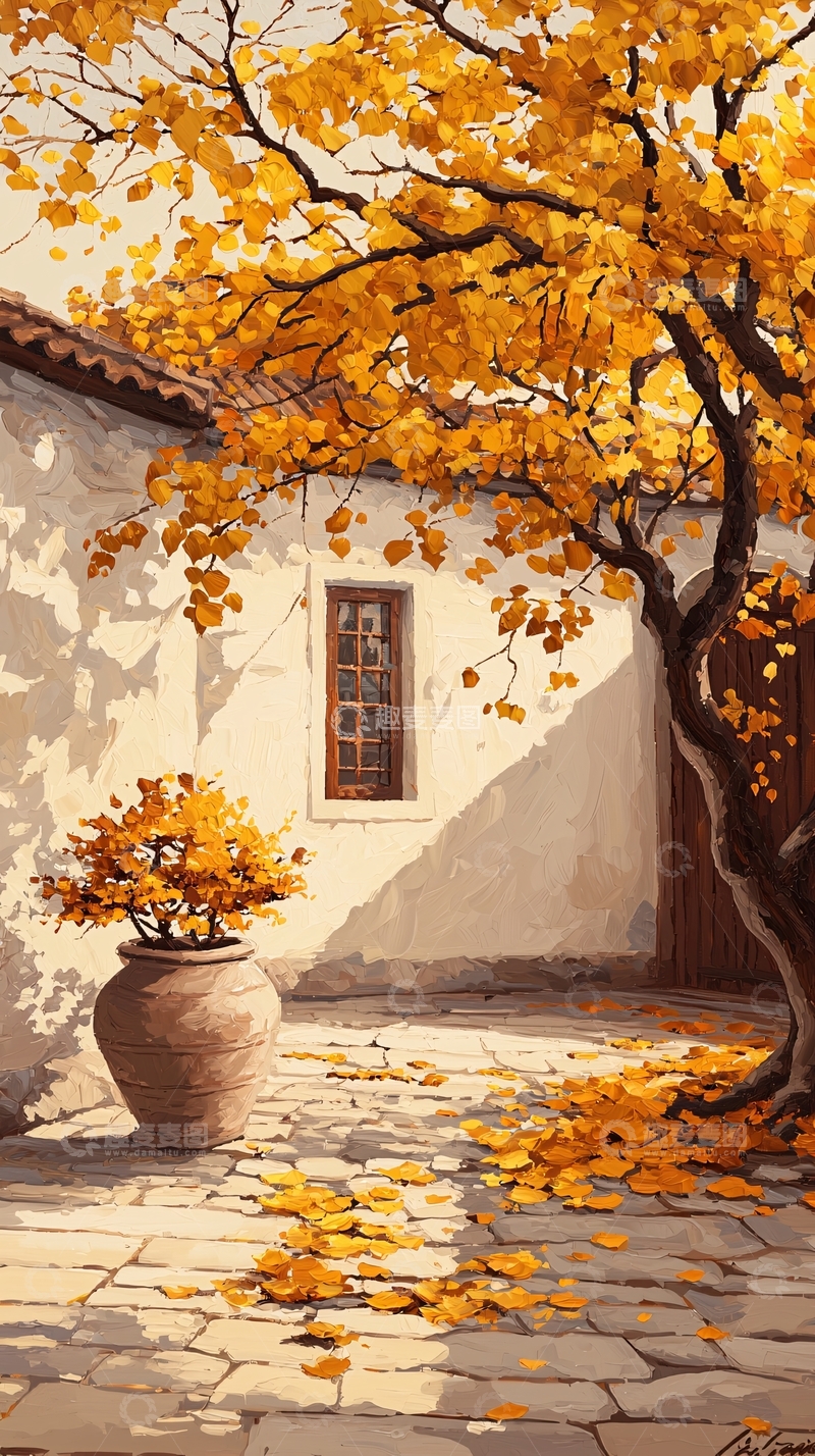 高清大图下载【趣麦麦图】秋日庭院落叶静谧场景