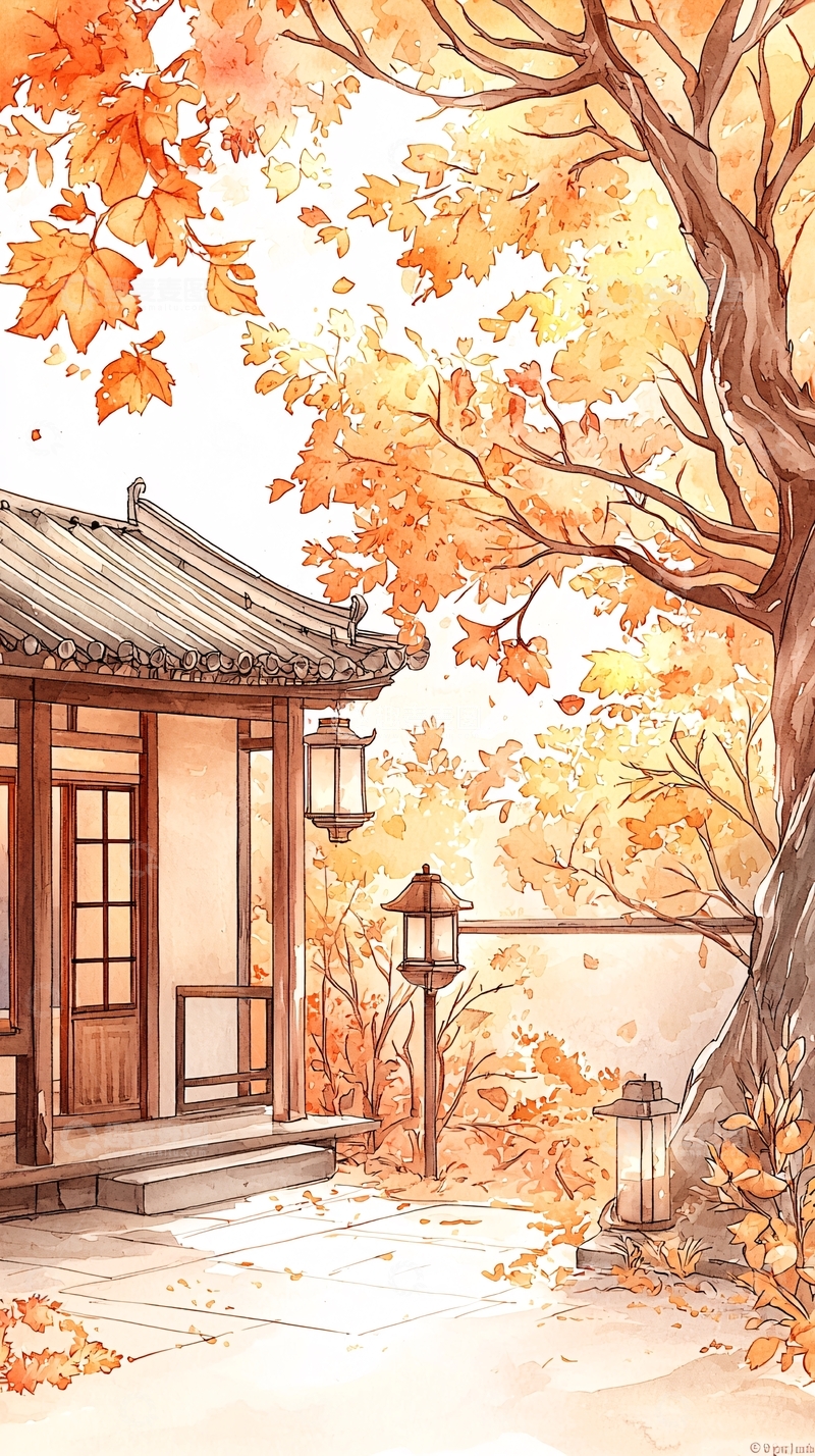 高清大图下载【趣麦麦图】秋日庭院灯笼落叶