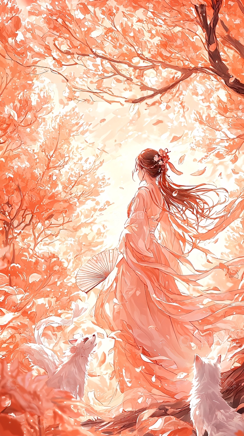 秋日古风女子与狐狸