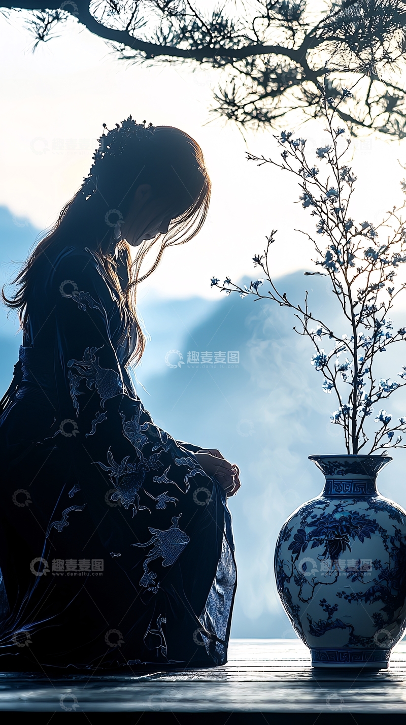 高清大图下载【趣麦麦图】古风女子与青花瓷瓶