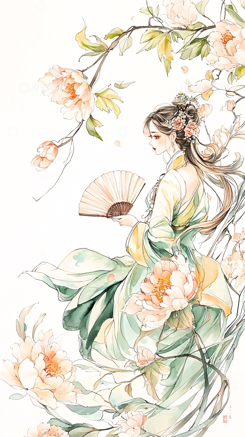 高清大图下载【趣麦麦图】古典美人与牡丹花扇