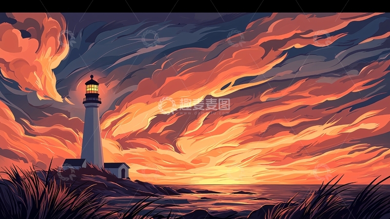高清大图下载【趣麦麦图】灯塔与绚丽晚霞
