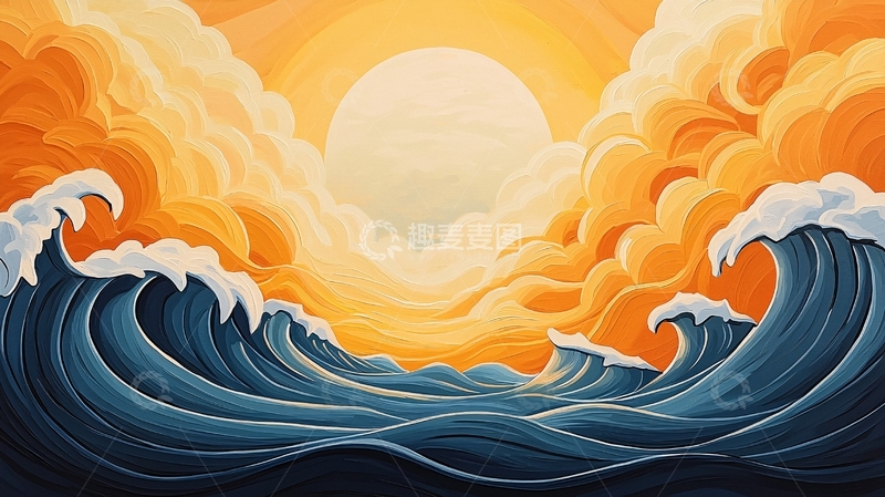 高清大图下载【趣麦麦图】日落海浪艺术插画